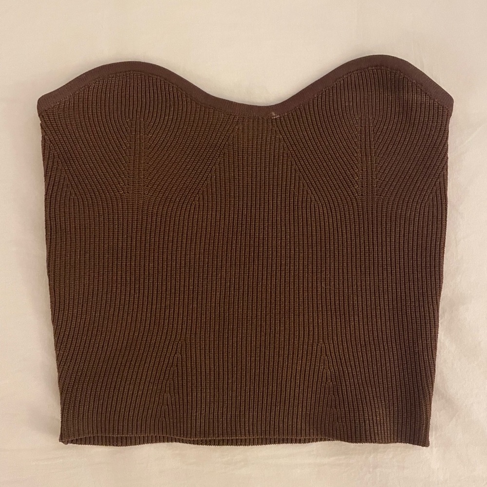 Brown ribbed strapless corset style top